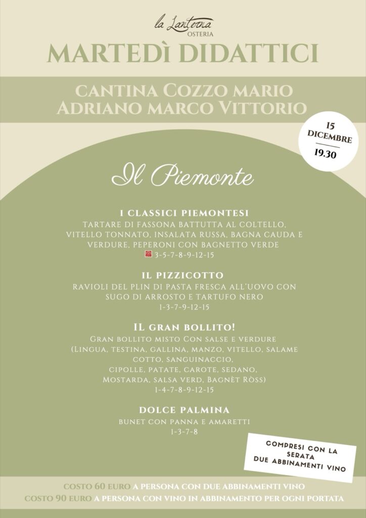 Locandina della serata Il Piemonte con la Cantina Cozzo all'Osteria La Lanterna, martedì 15 dicembre 2026 alle 19:30