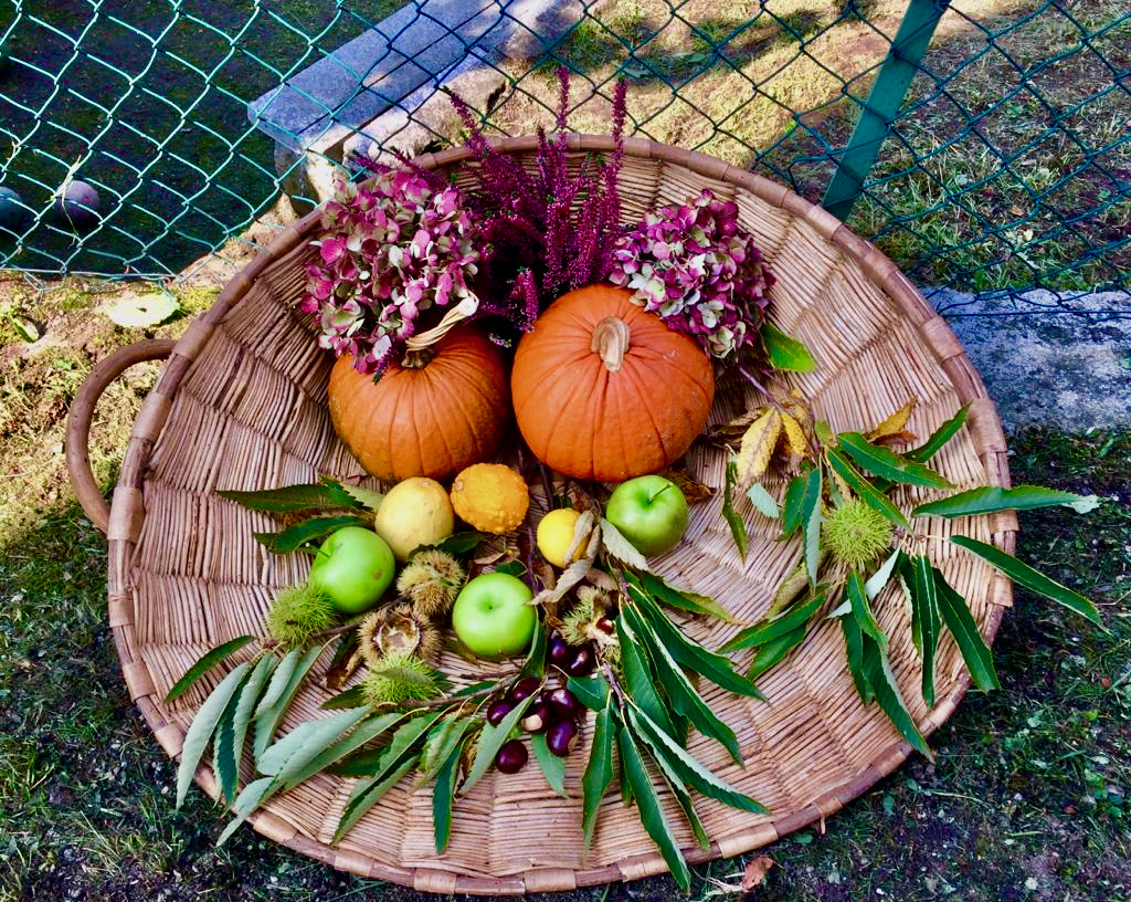 Cesto con zucche, mele, castagne ed erica d'autunno